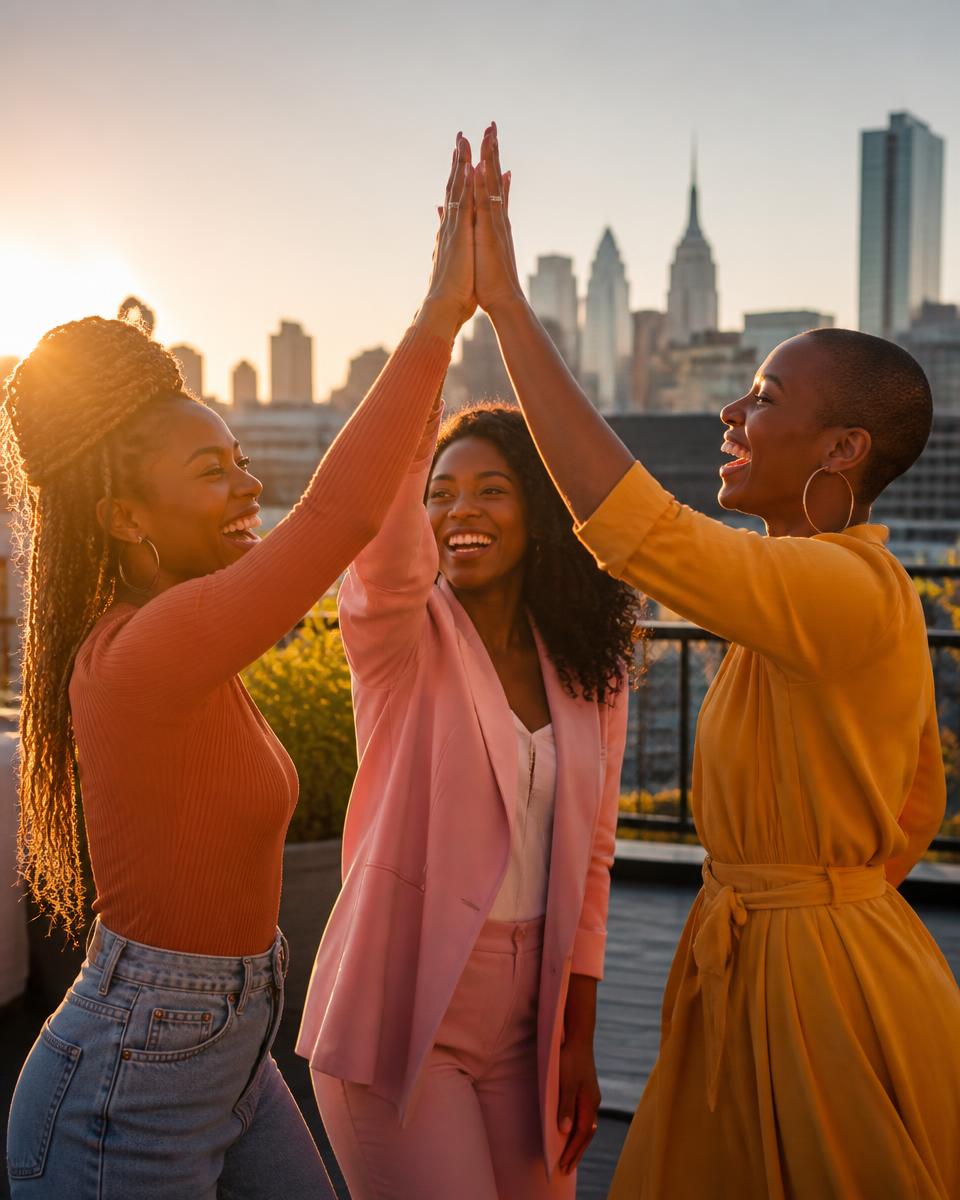 Three friends celebrating a payout from their savings circle