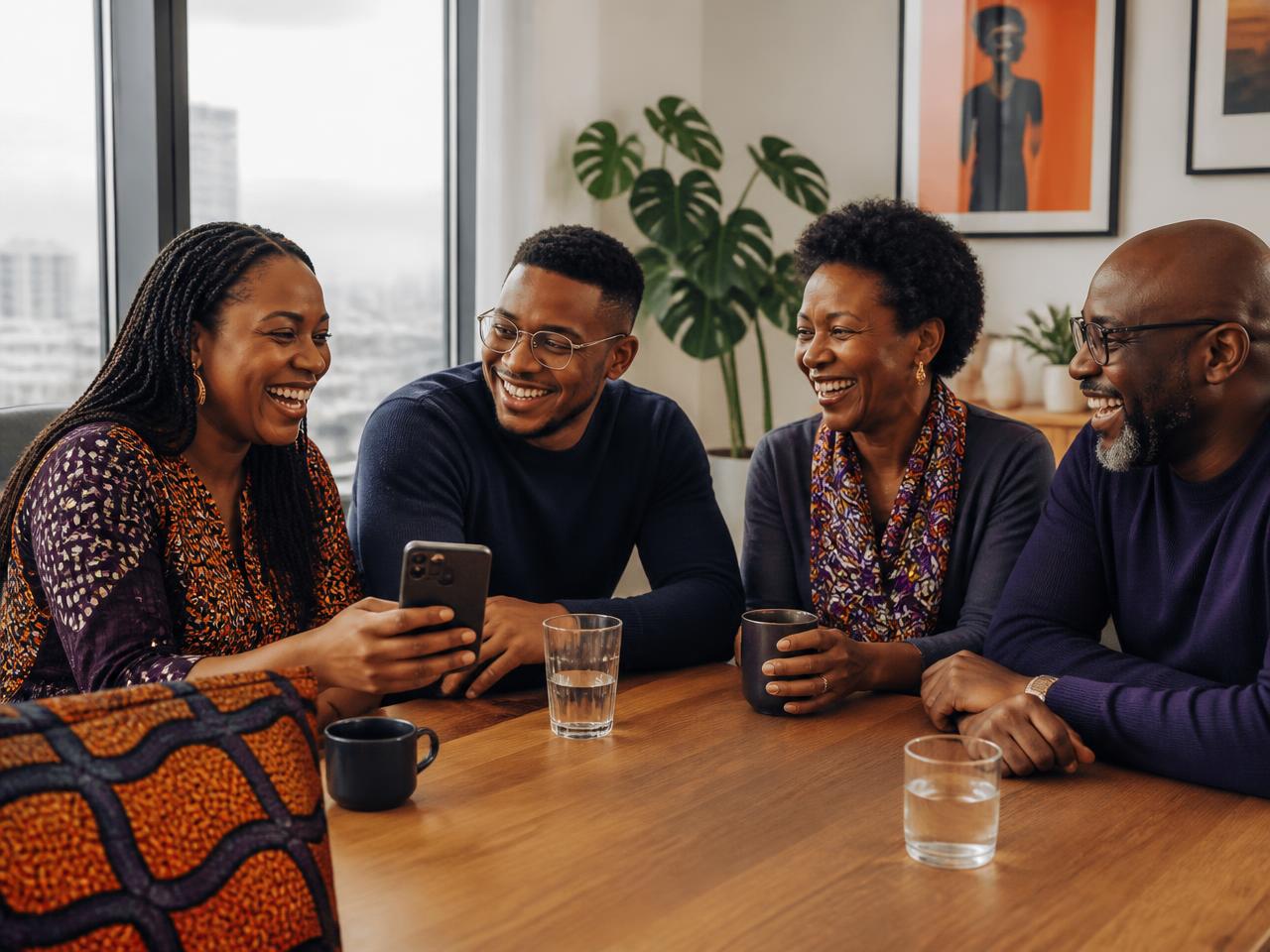Friends and family laughing together around a table during their savings circle meeting